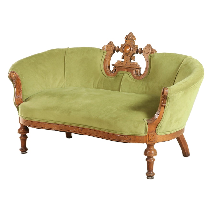 American Renaissance Revival Walnut, Burl Walnut, and Custom-Upholstered Settee