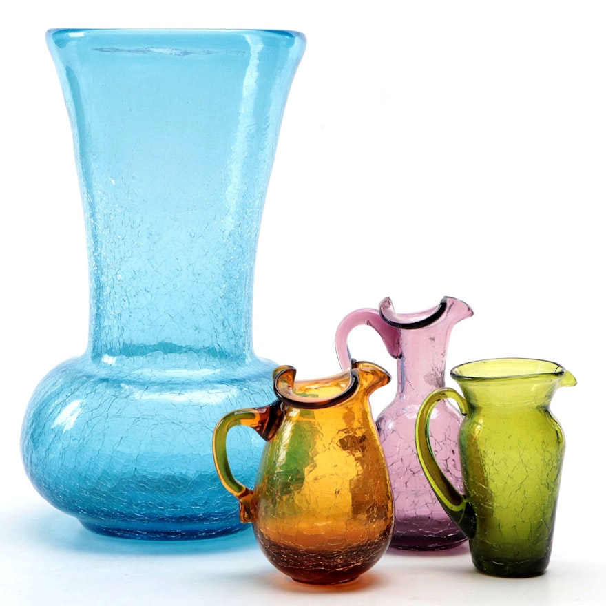 Blown Blue, Green, Amber and Amethyst Crackle Glass Vase, Pitchers and Cruet