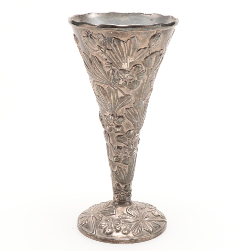 Art Nouveau Style Silver Plate Floral Trumpet Vase, 20th Century