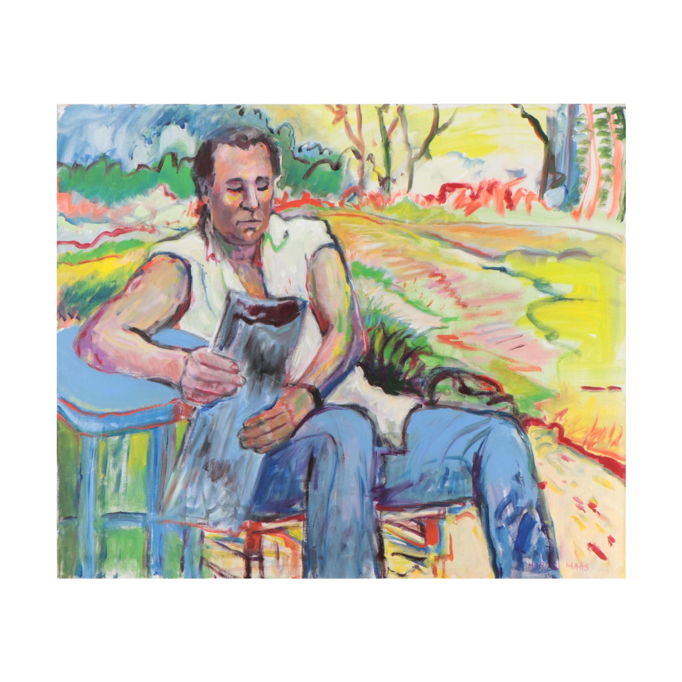 Marion Maas Modernist Portrait Oil Painting of Man Reading Newspaper