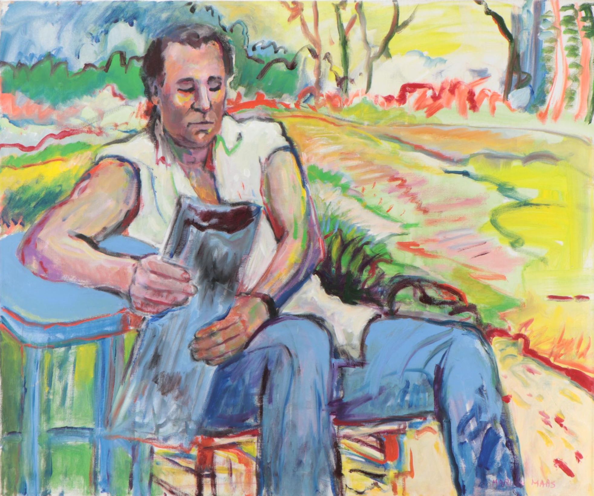 Marion Maas Modernist Portrait Oil Painting of Man Reading Newspaper