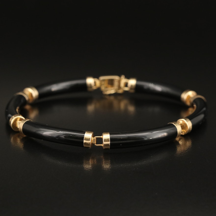 Chinese 14K Curved Bar Black Onyx Bracelet with Longevity Clasp