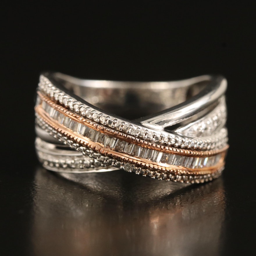 Sterling Diamond Crossover Ring with 10K Rose Gold Accent
