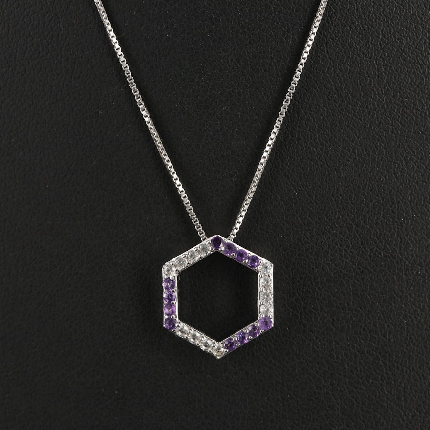Sterling Amethyst and Sapphire Hexagonal Pendant Necklace
