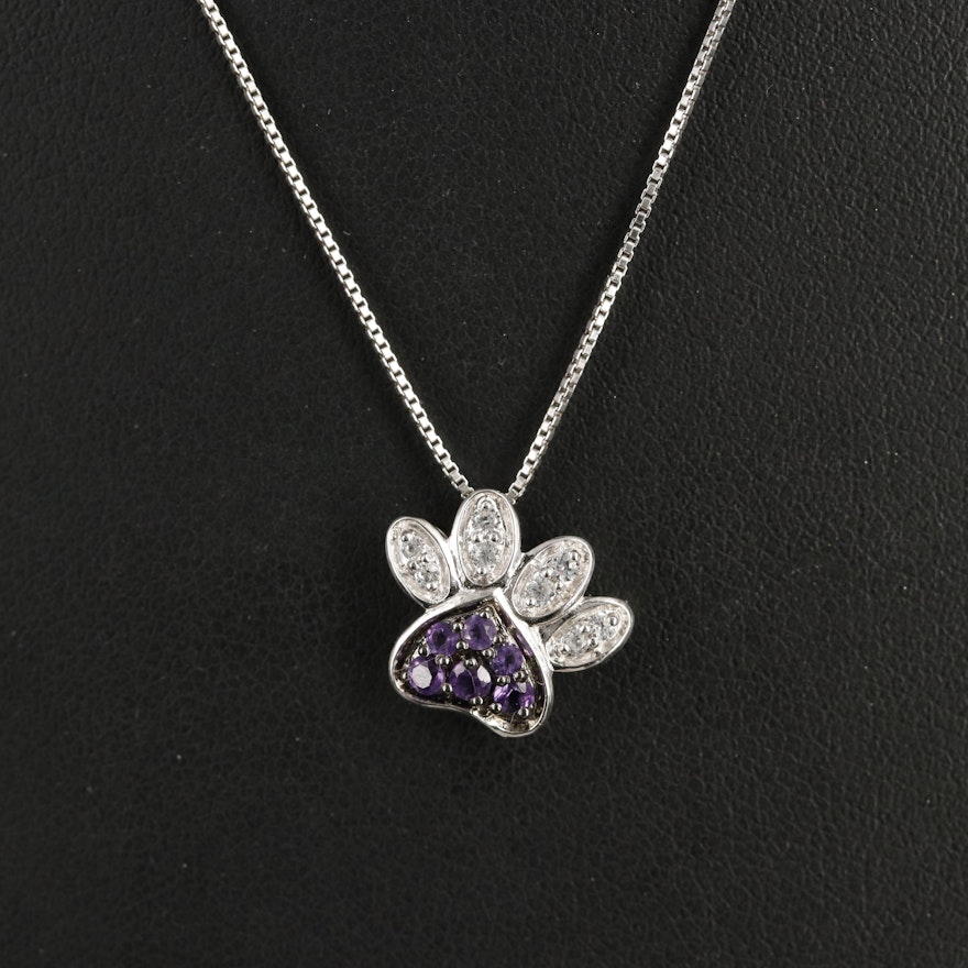 Sterling Amethyst and Sapphire Paw Print Pendant Necklace