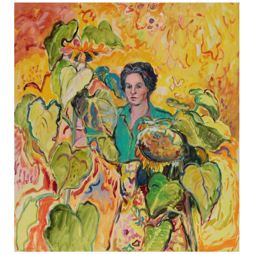 Marion Maas Modernist Portrait With Plants Oil Painting