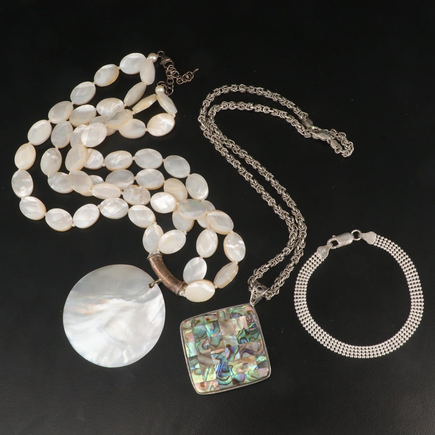 Sterling Necklaces and Beaded Bracelet Including Mother of Pearl and Abalone