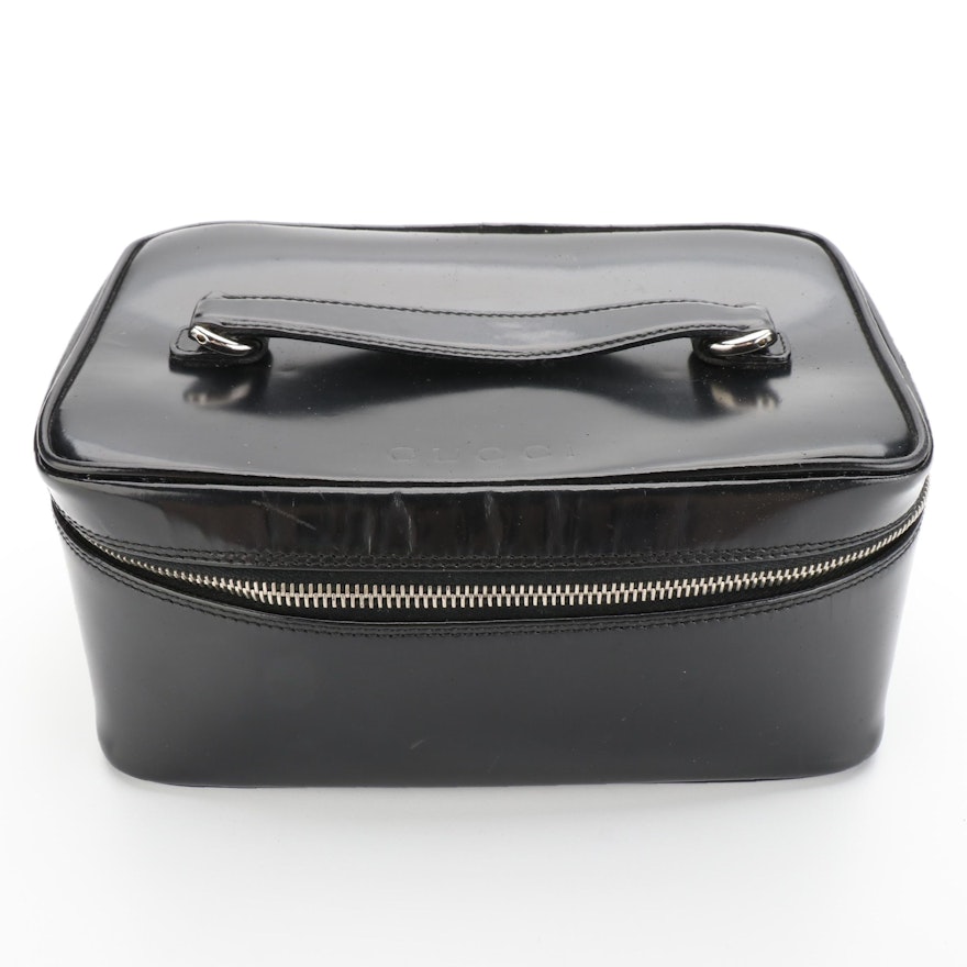 Gucci Bamboo Zip Vanity Bag in Black Polished Leather