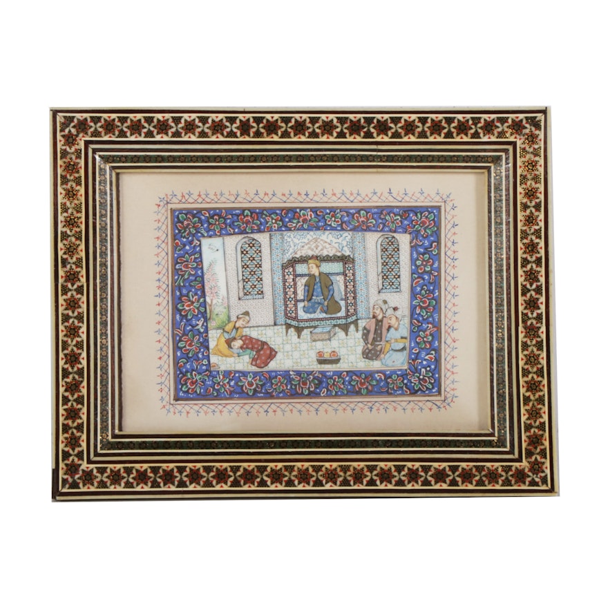 Mughal Style Gouache Painting of Court Assembly in Inlaid Bone Frame