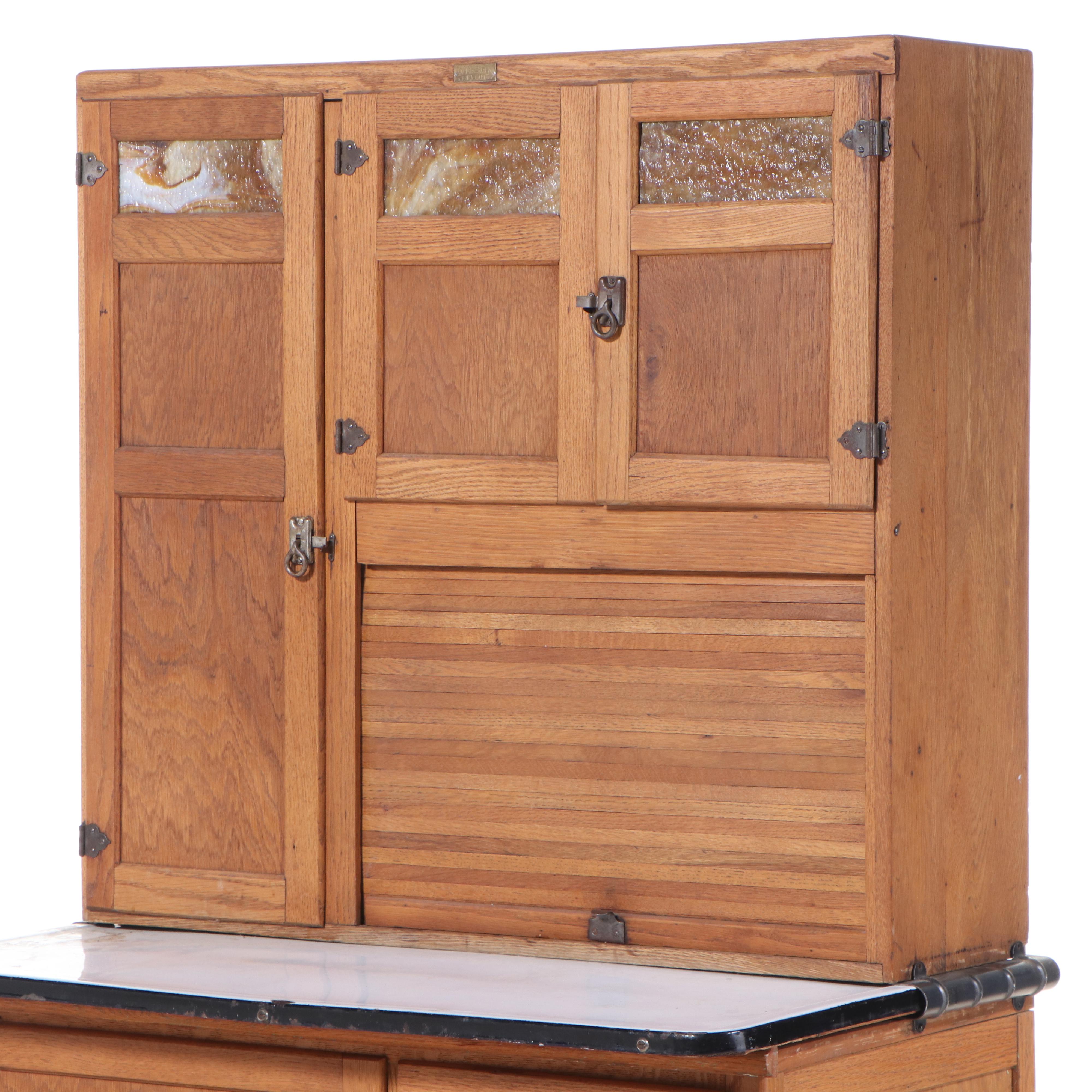 Wilson Kitchen Cabinet, Oak Hoosier Cabinet with Slag Glass Panels, Early 20th C