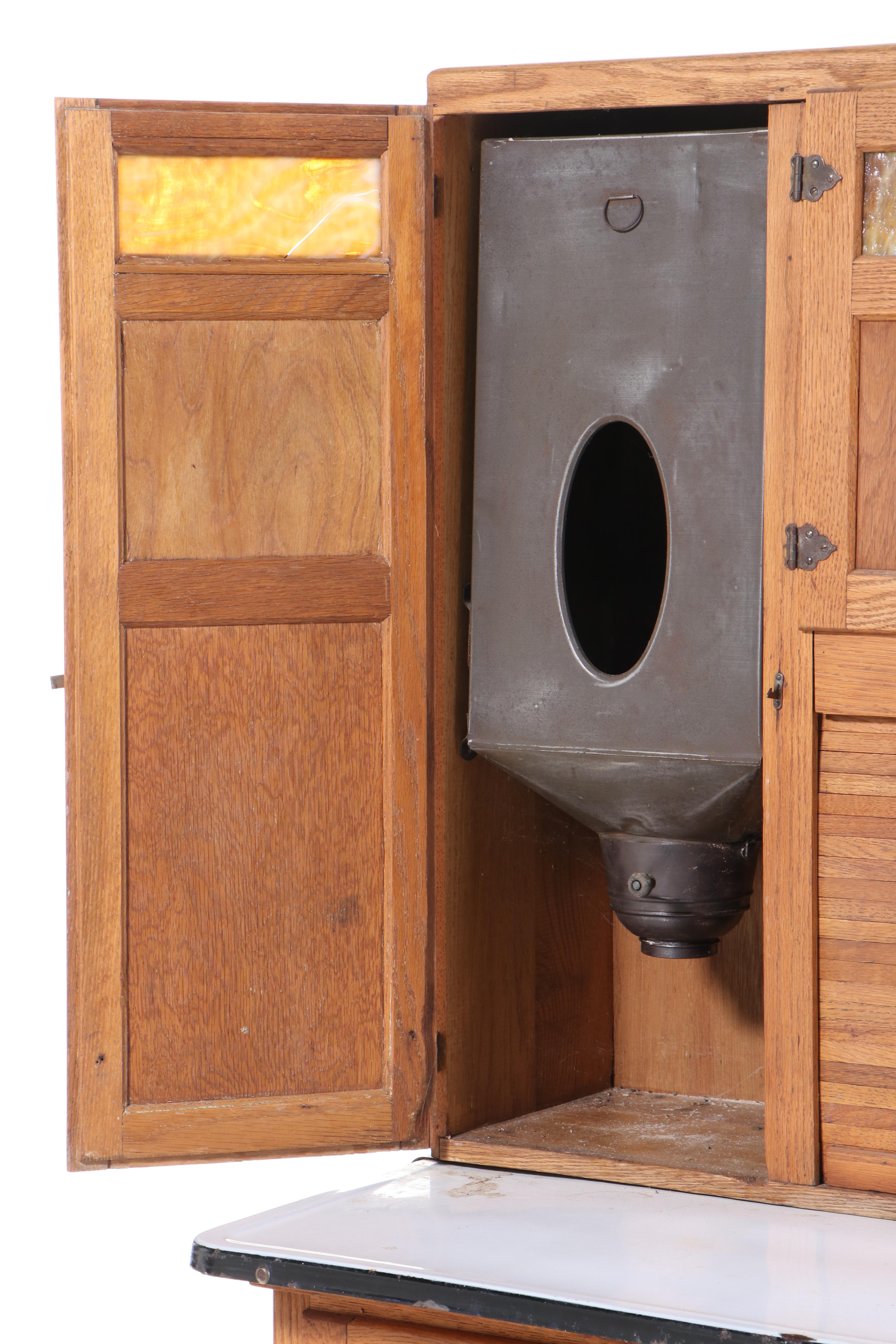 Wilson Kitchen Cabinet, Oak Hoosier Cabinet with Slag Glass Panels, Early 20th C