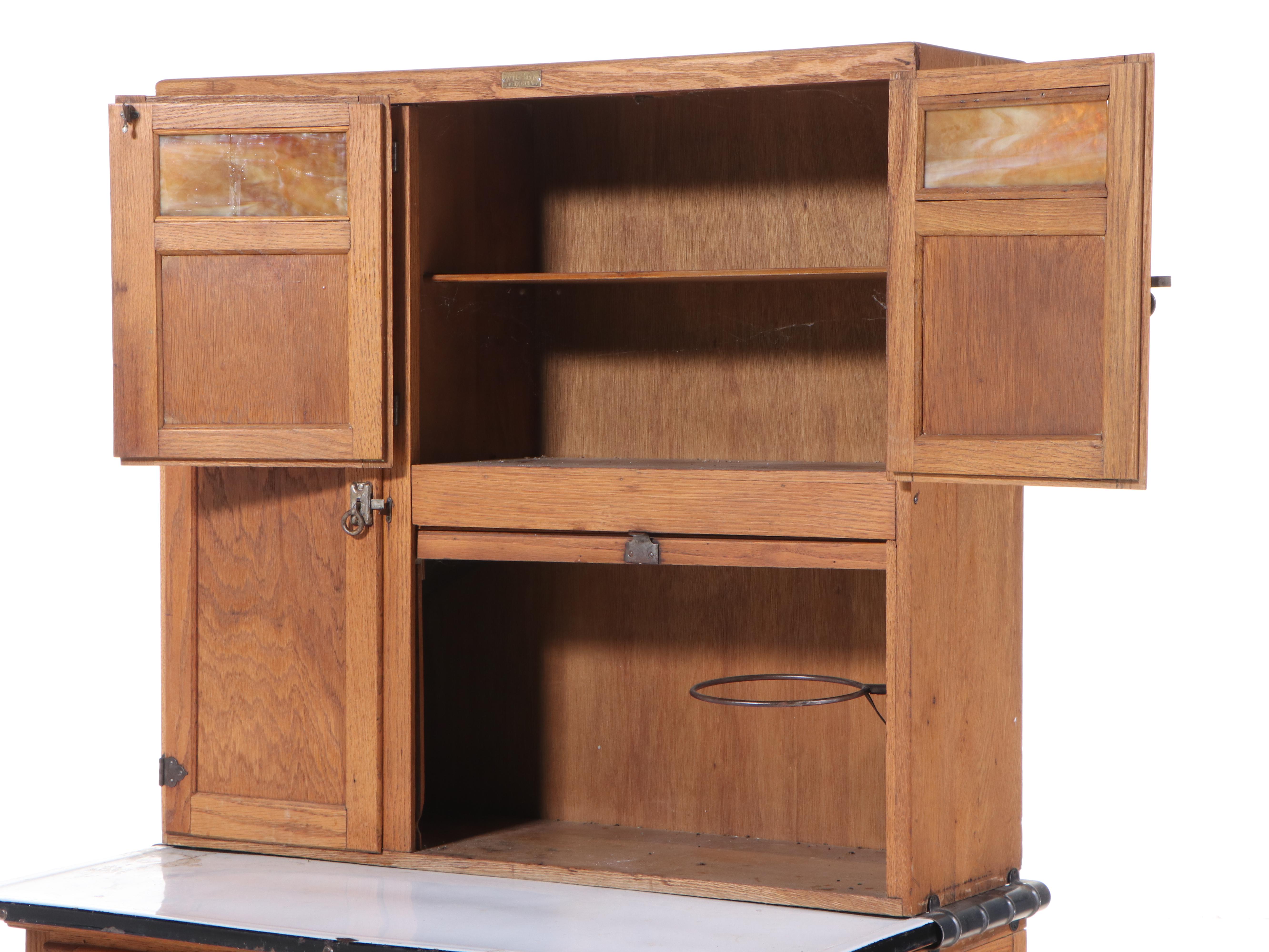 Wilson Kitchen Cabinet, Oak Hoosier Cabinet with Slag Glass Panels, Early 20th C