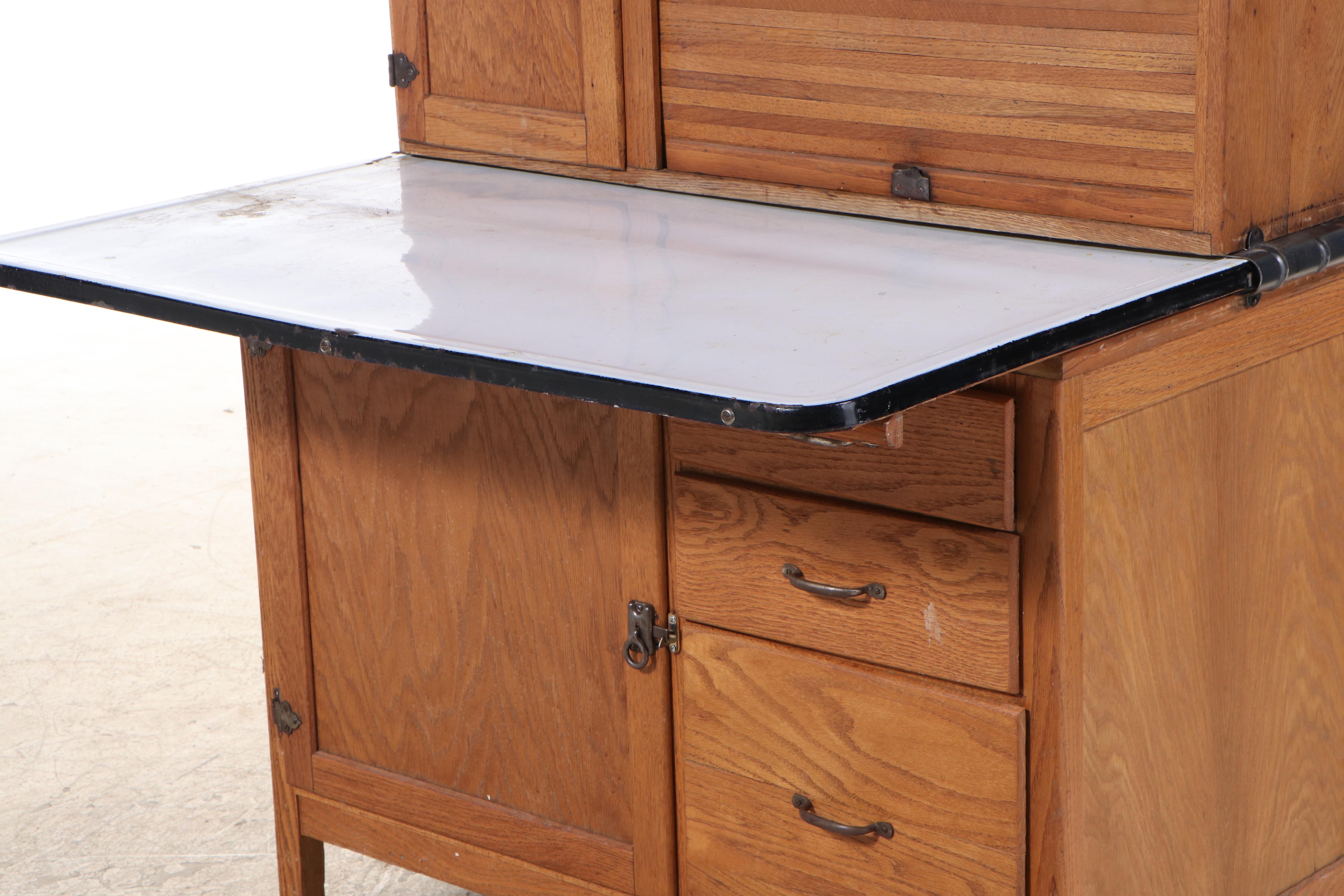 Wilson Kitchen Cabinet, Oak Hoosier Cabinet with Slag Glass Panels, Early 20th C