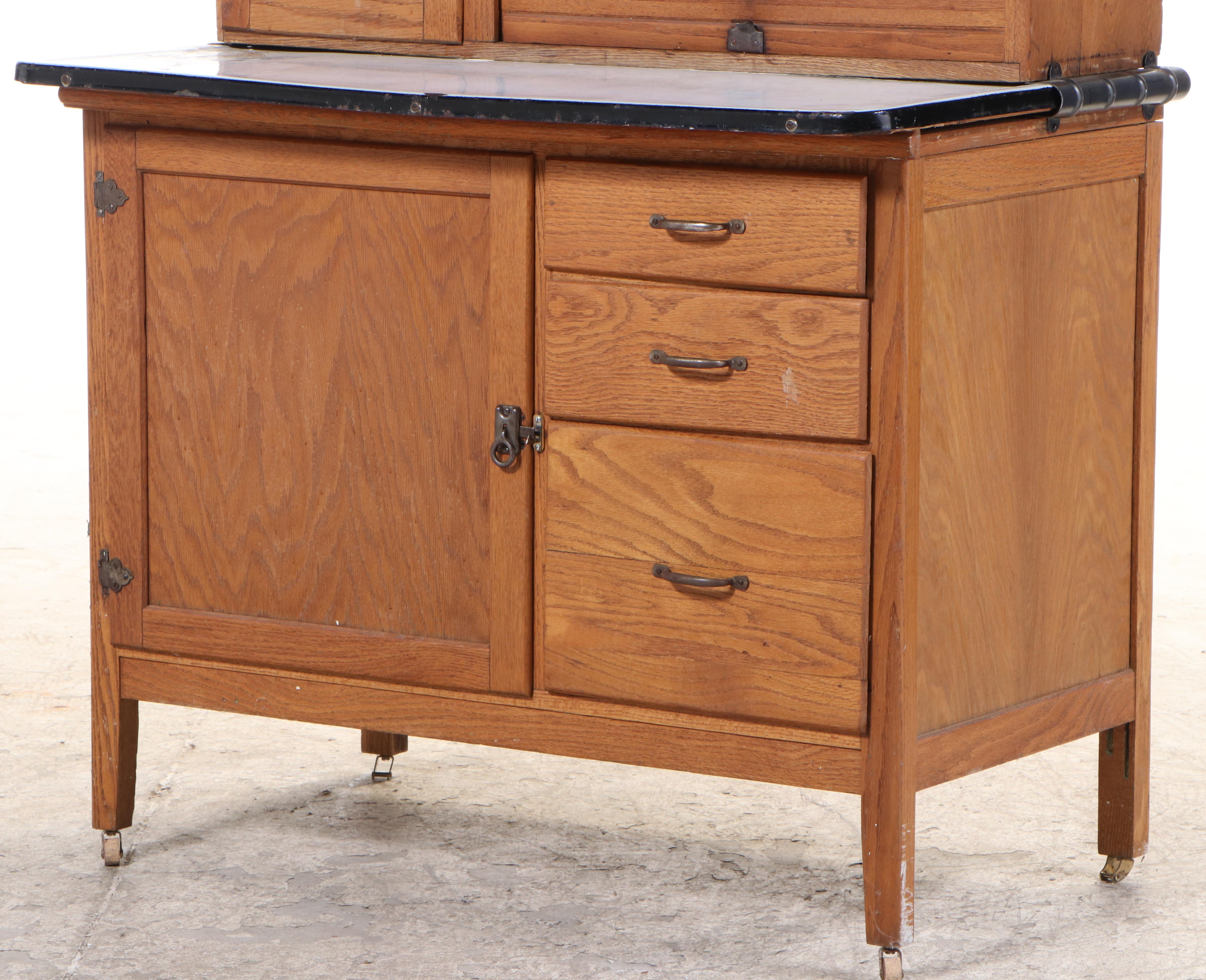Wilson Kitchen Cabinet, Oak Hoosier Cabinet with Slag Glass Panels, Early 20th C