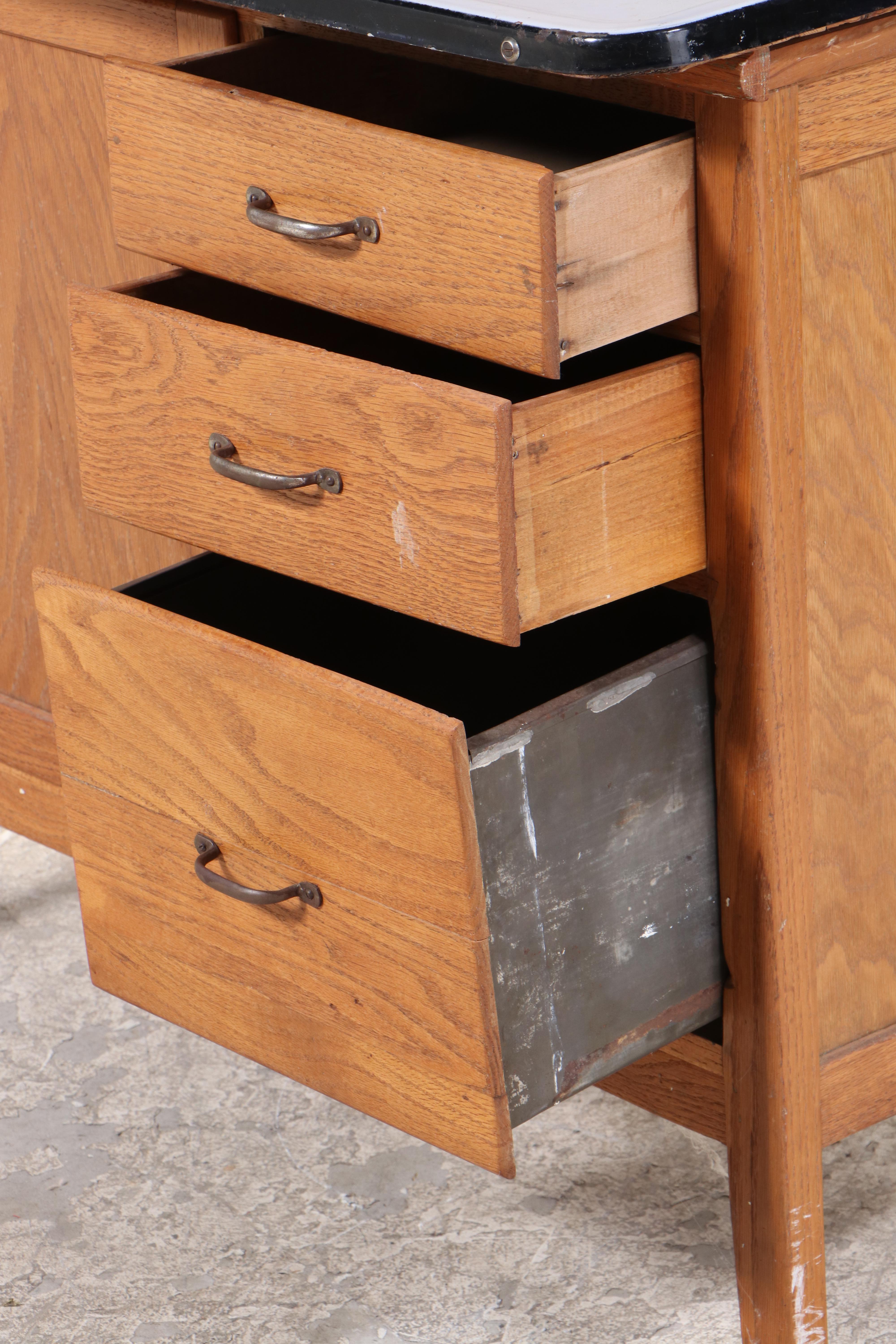 Wilson Kitchen Cabinet, Oak Hoosier Cabinet with Slag Glass Panels, Early 20th C