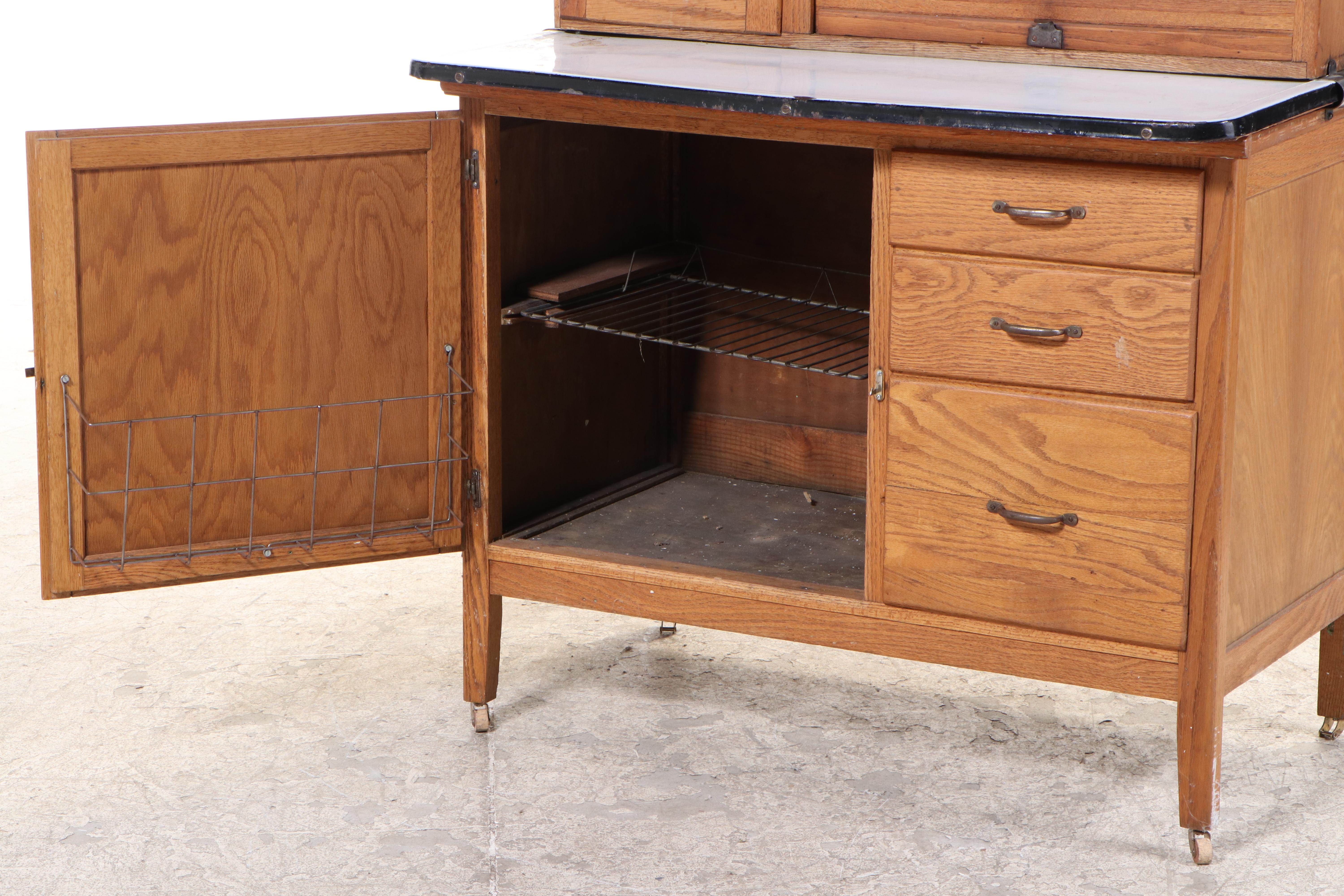 Wilson Kitchen Cabinet, Oak Hoosier Cabinet with Slag Glass Panels, Early 20th C