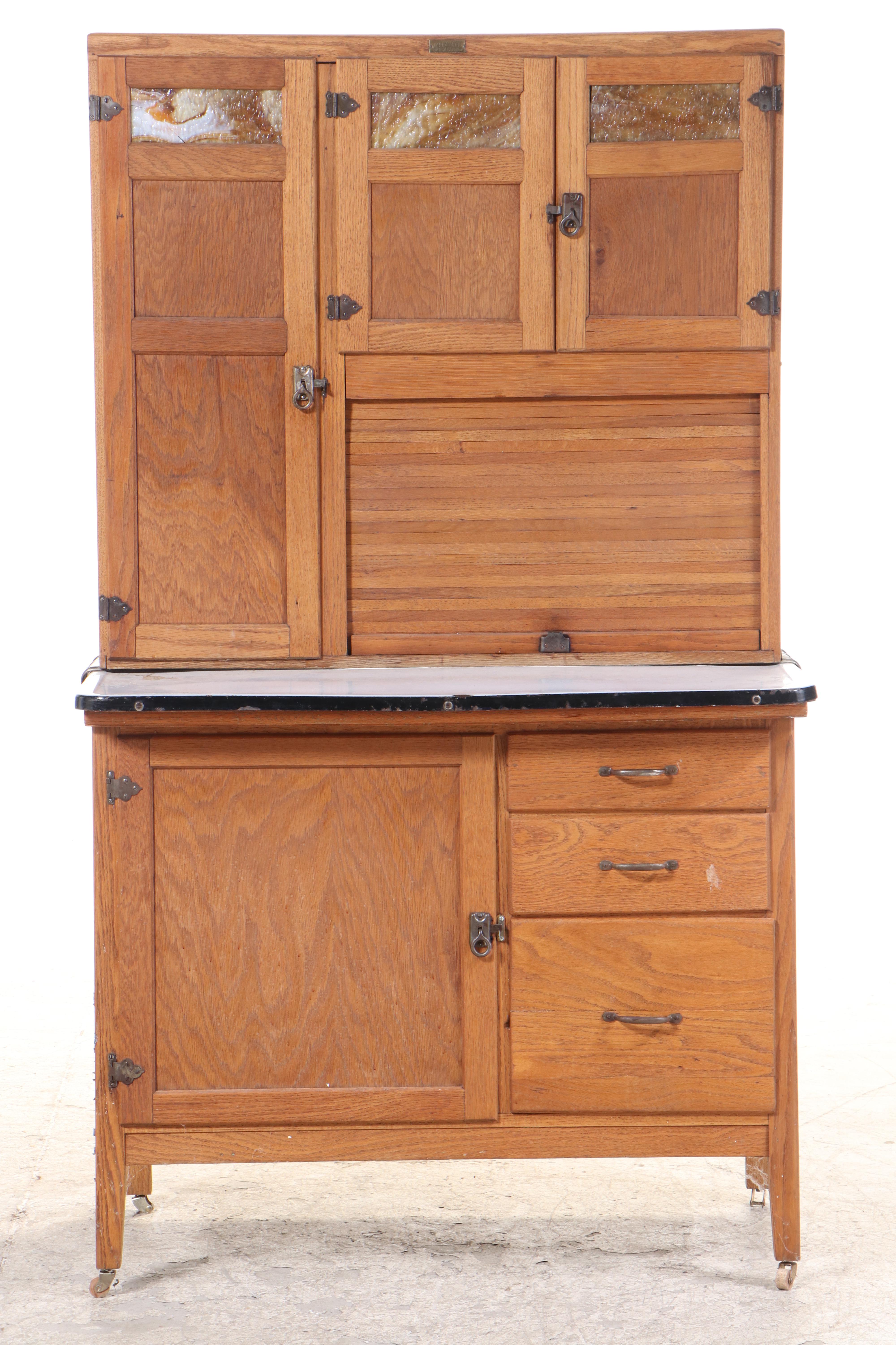 Wilson Kitchen Cabinet, Oak Hoosier Cabinet with Slag Glass Panels, Early 20th C