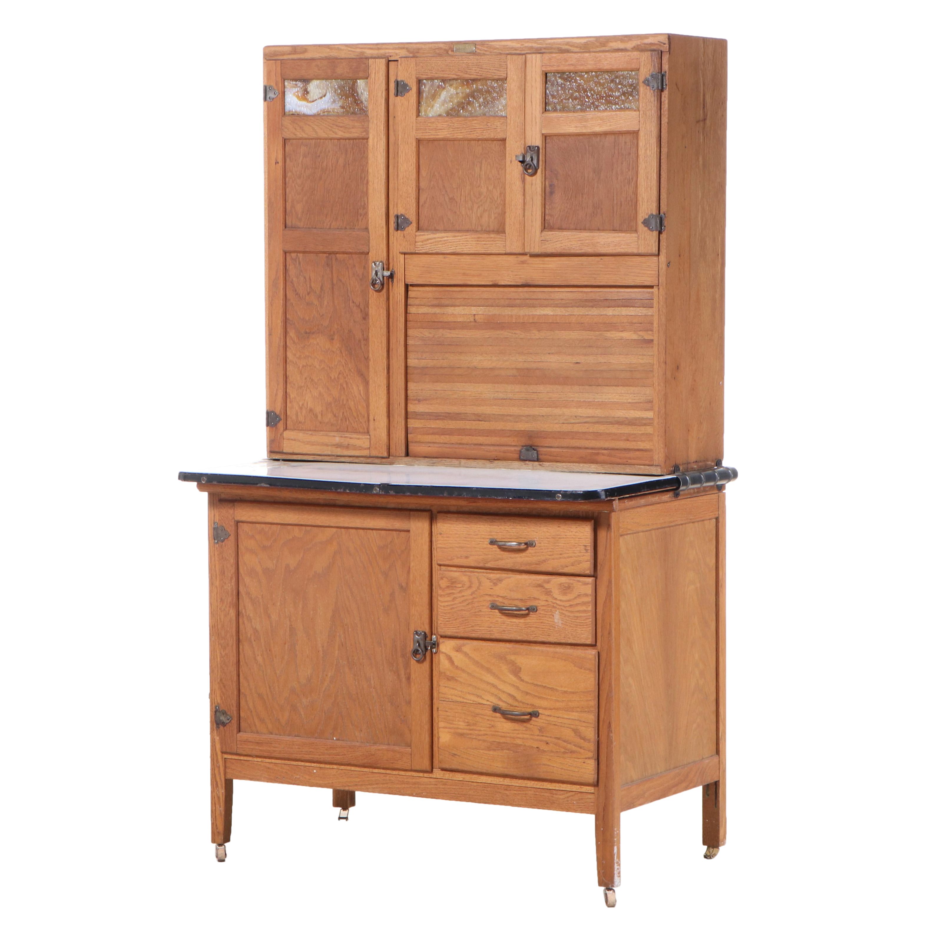 Wilson Kitchen Cabinet, Oak Hoosier Cabinet with Slag Glass Panels, Early 20th C