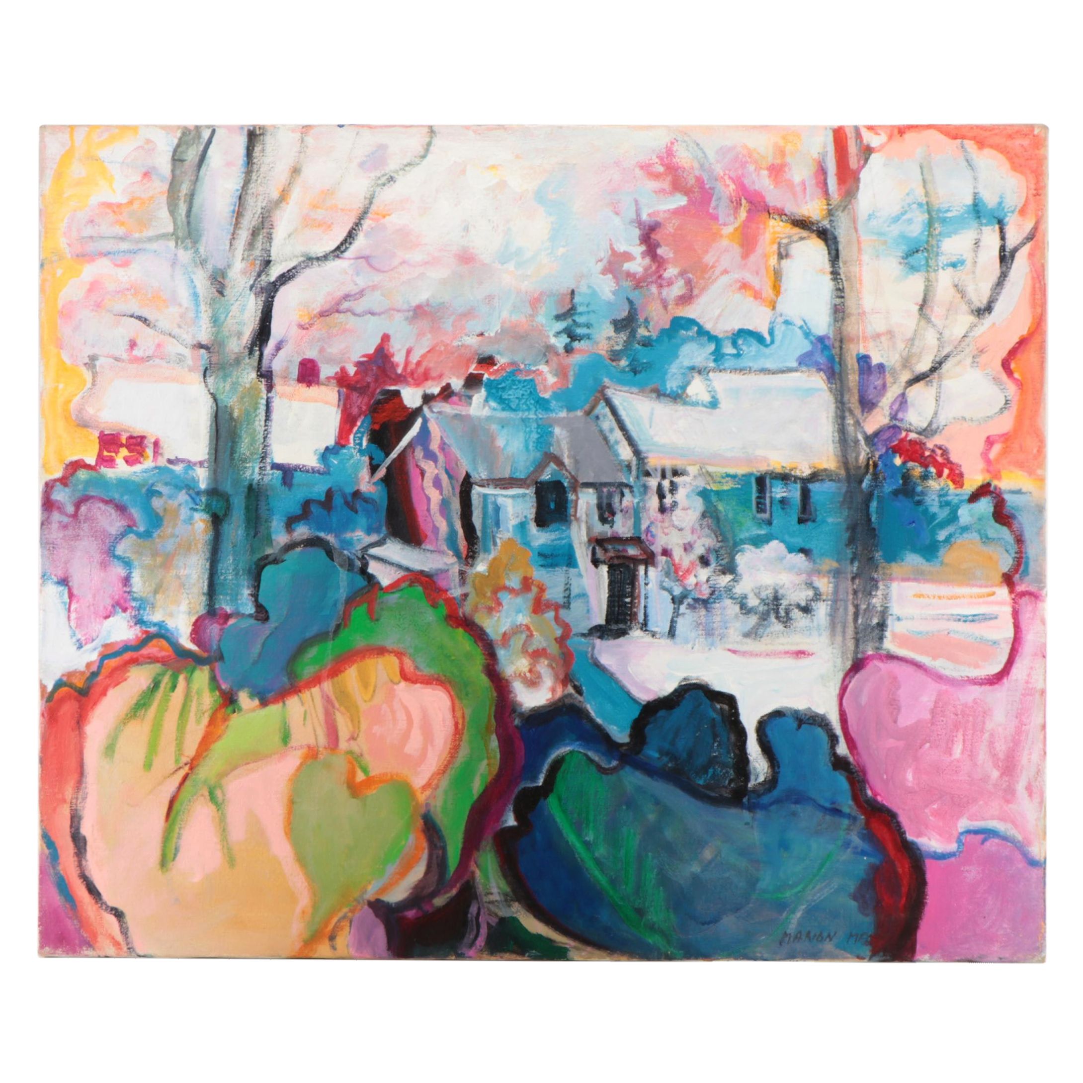 Marion Maas Modernist Oil Painting of Residential Landscape