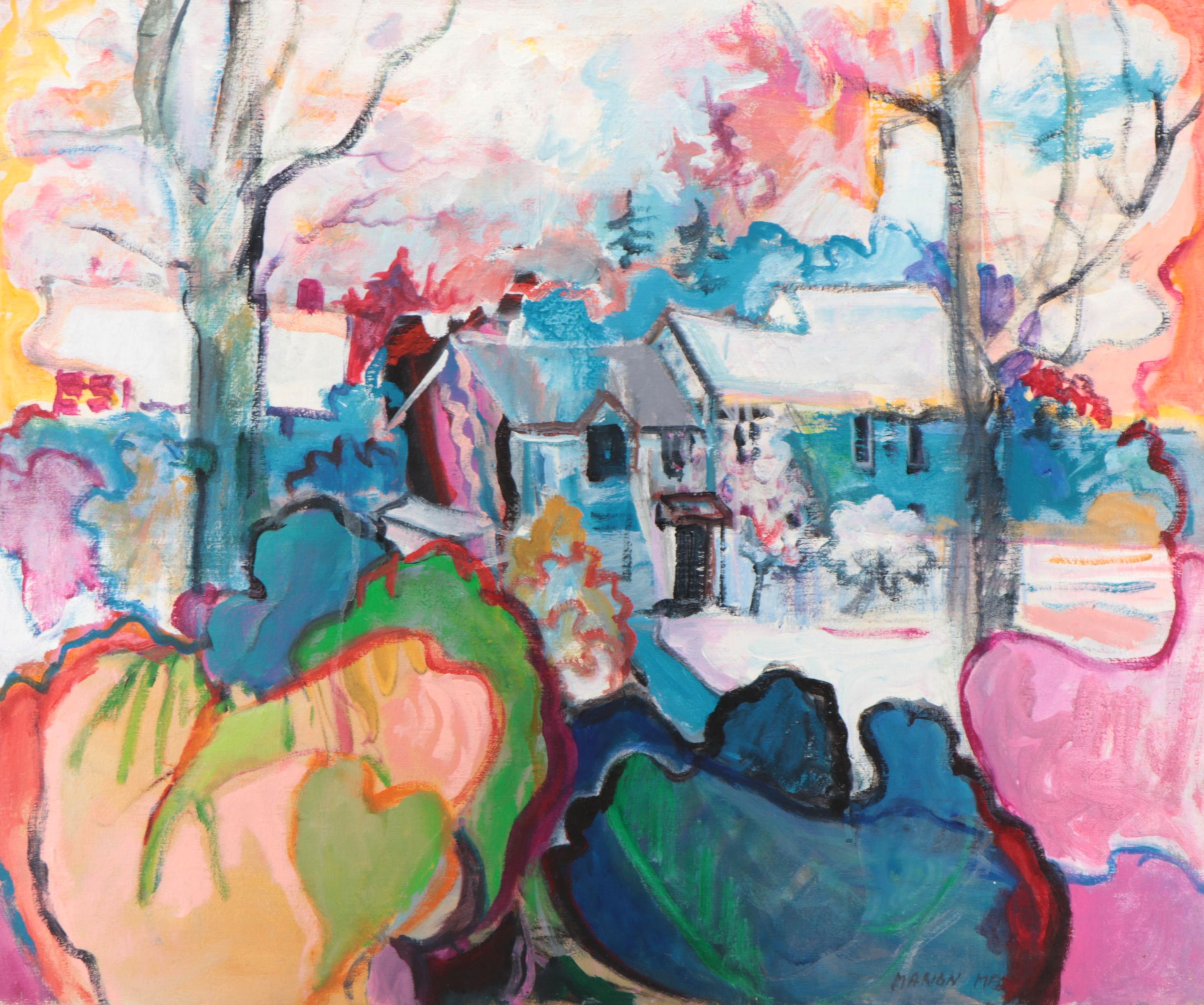 Marion Maas Modernist Oil Painting of Residential Landscape