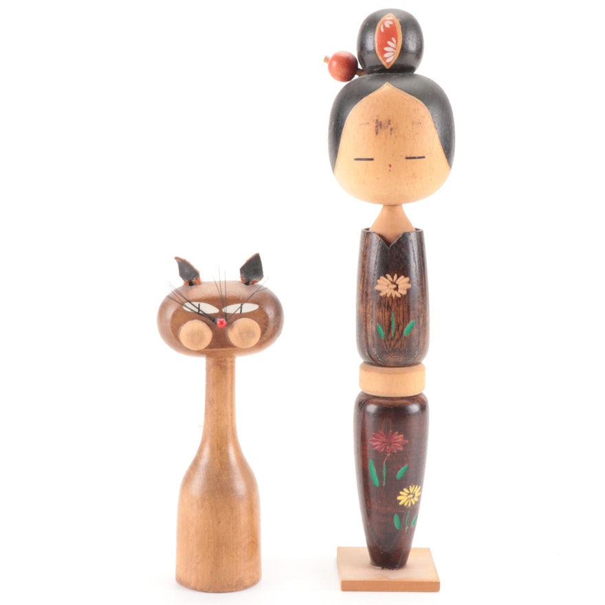 Japanese Handcrafted Wood Kokeshi Doll and Cat Figure