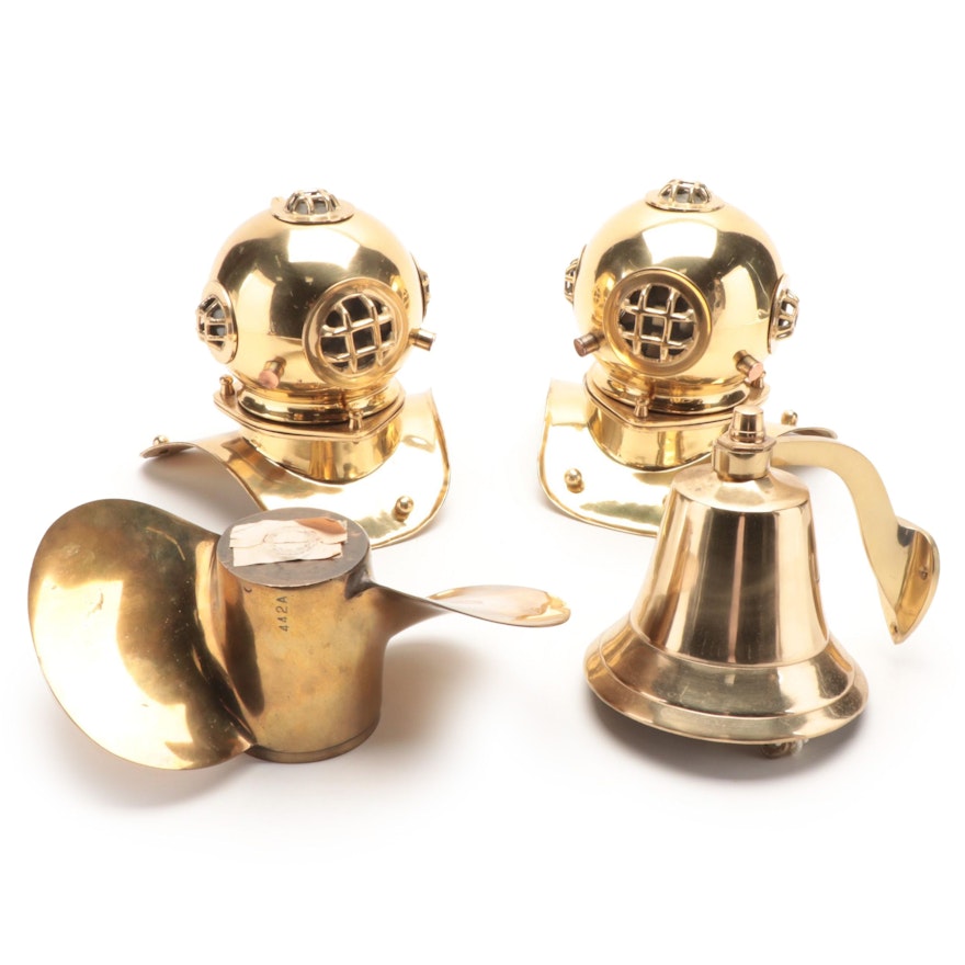 Nautical Themed Brass Bell, Propeller, and Dive Helmet Figures