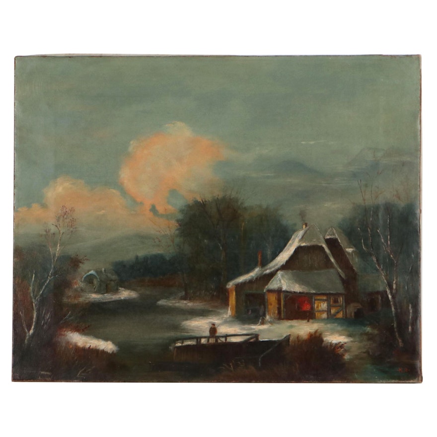 Landscape Oil Painting of Snow-Covered Cottage, Late 19th Century