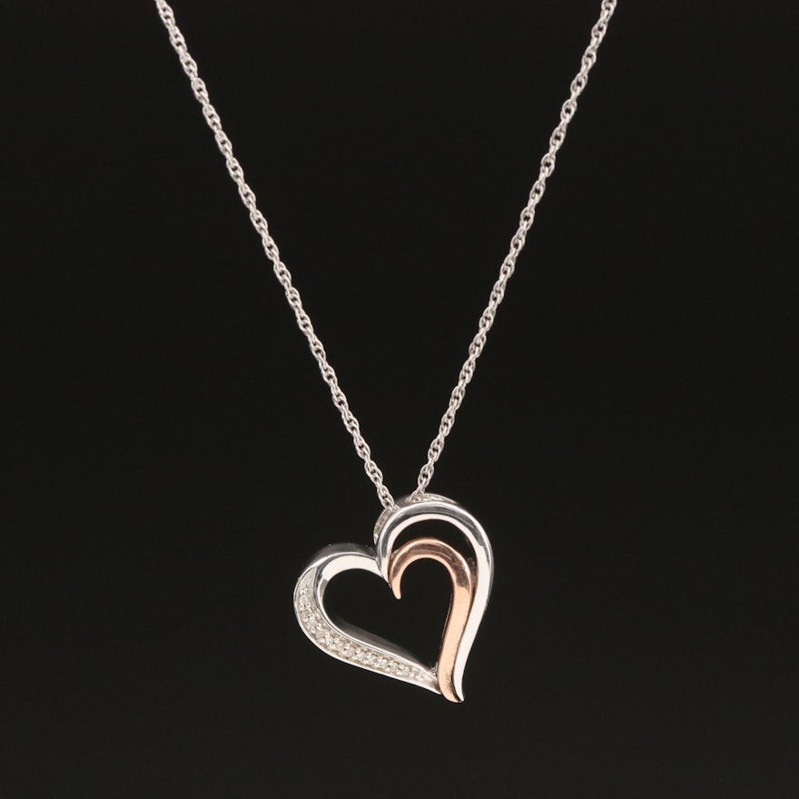 Sterling Diamond Heart Pendant Necklace with 10K Rose Gold Accent