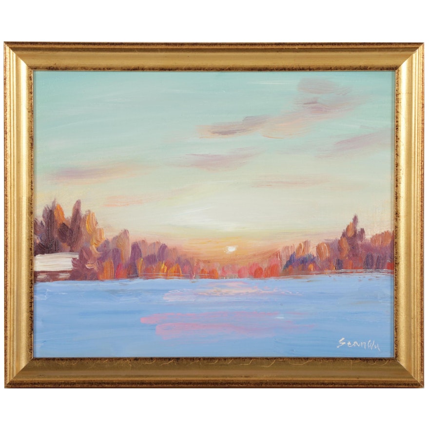 Sean Wu Landscape Oil Painting of Sunset Over Lake, 2022