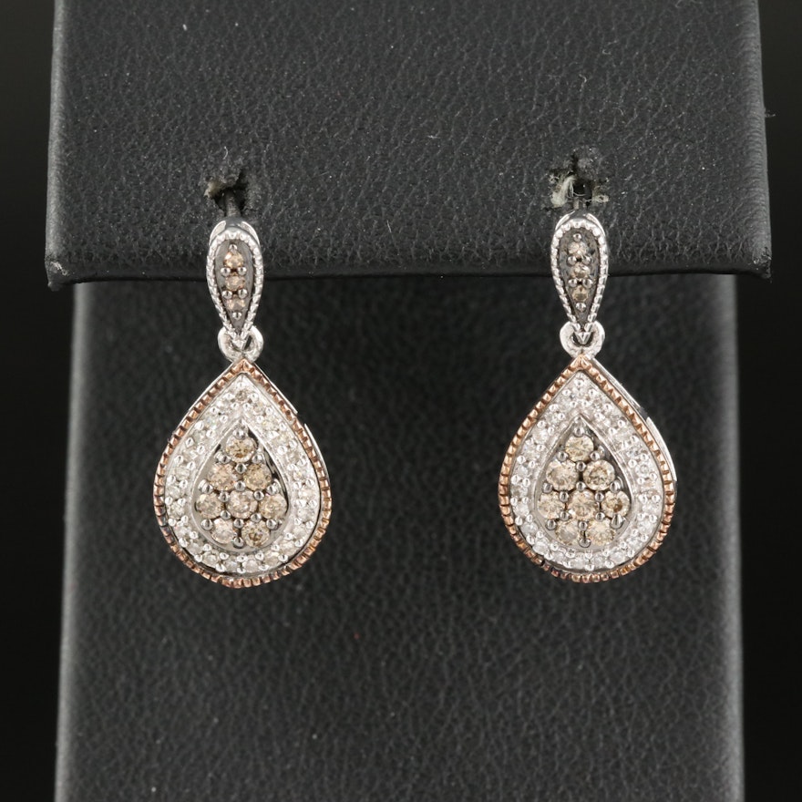 Sterling Diamond Cluster Teardrop Earrings with 10K Accents