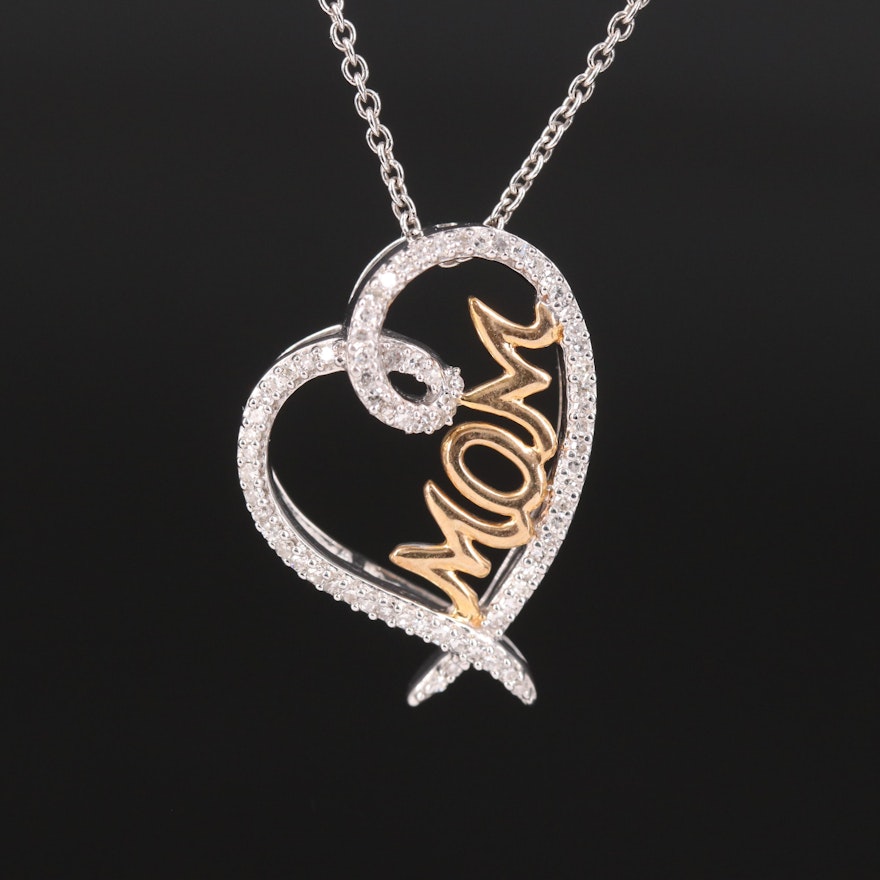 Sterling Diamond "Mom" Heart Pendant on Italian Chain