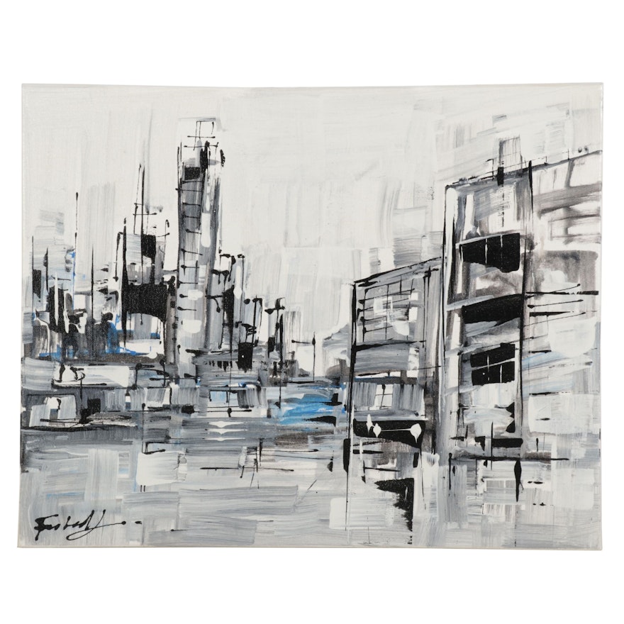 Farshad Lanjani Cityscape Acrylic Painting, 21st Century