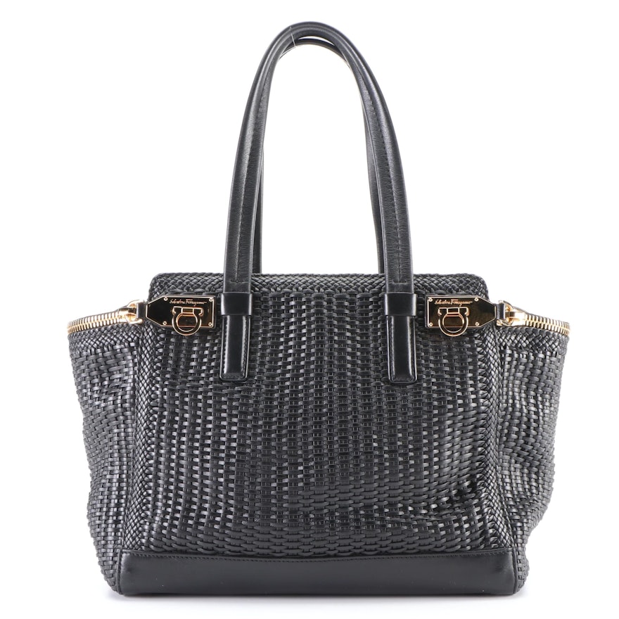 Salvatore Ferragamo Verve Black Woven Leather Tote