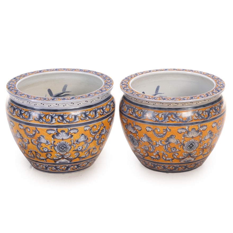 Pair of Chinese Accessory Accent Porcelain Fishbowl Jardinières, Contemporary