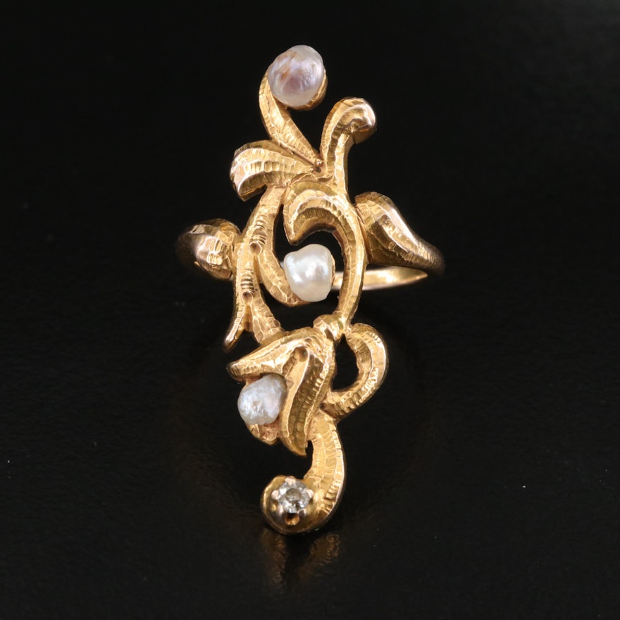 Vintage 14K Pearl and Diamond Scrollwork Ring