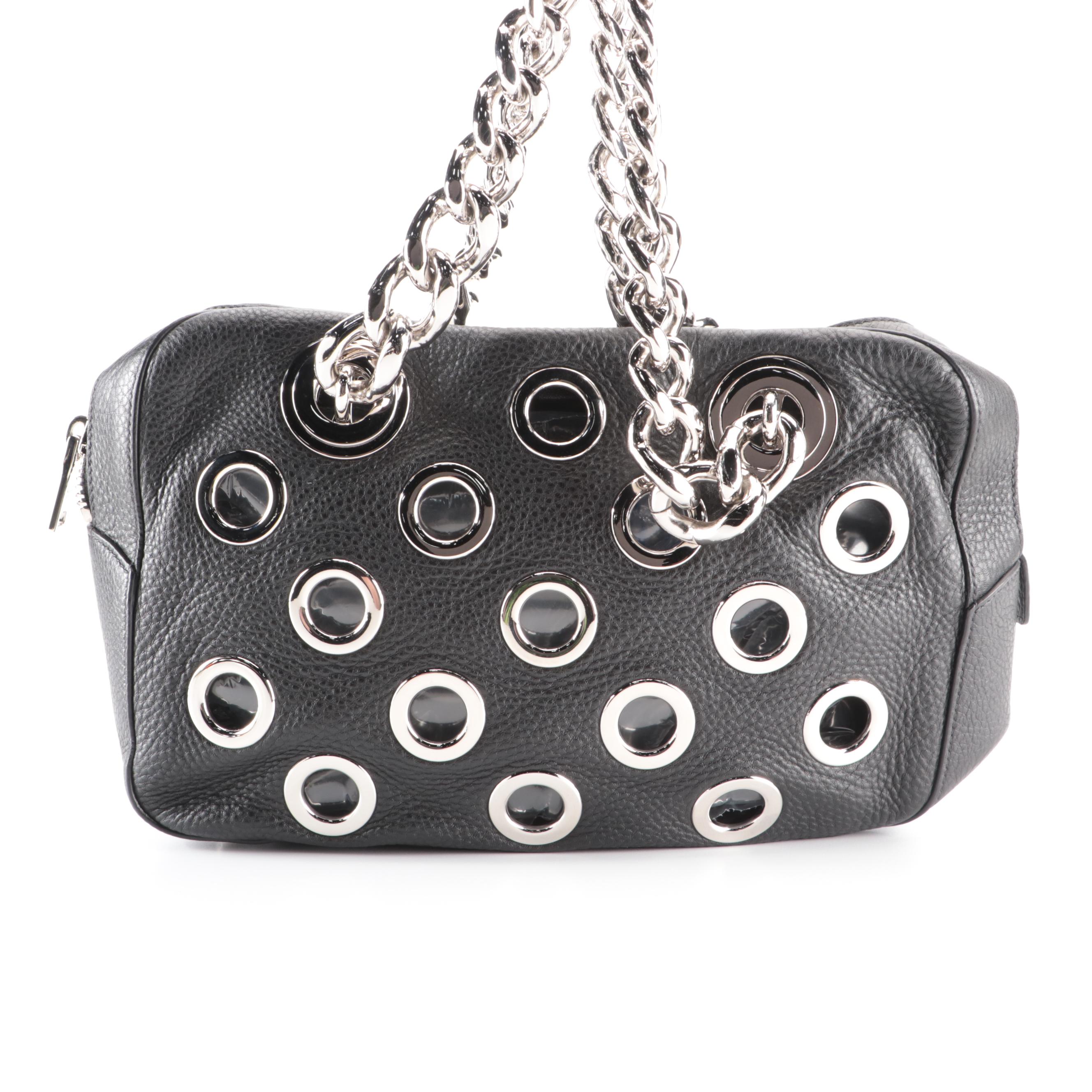 Prada Medium Grommet Chain Shoulder Bag in Black Deerskin with Zip Pouch