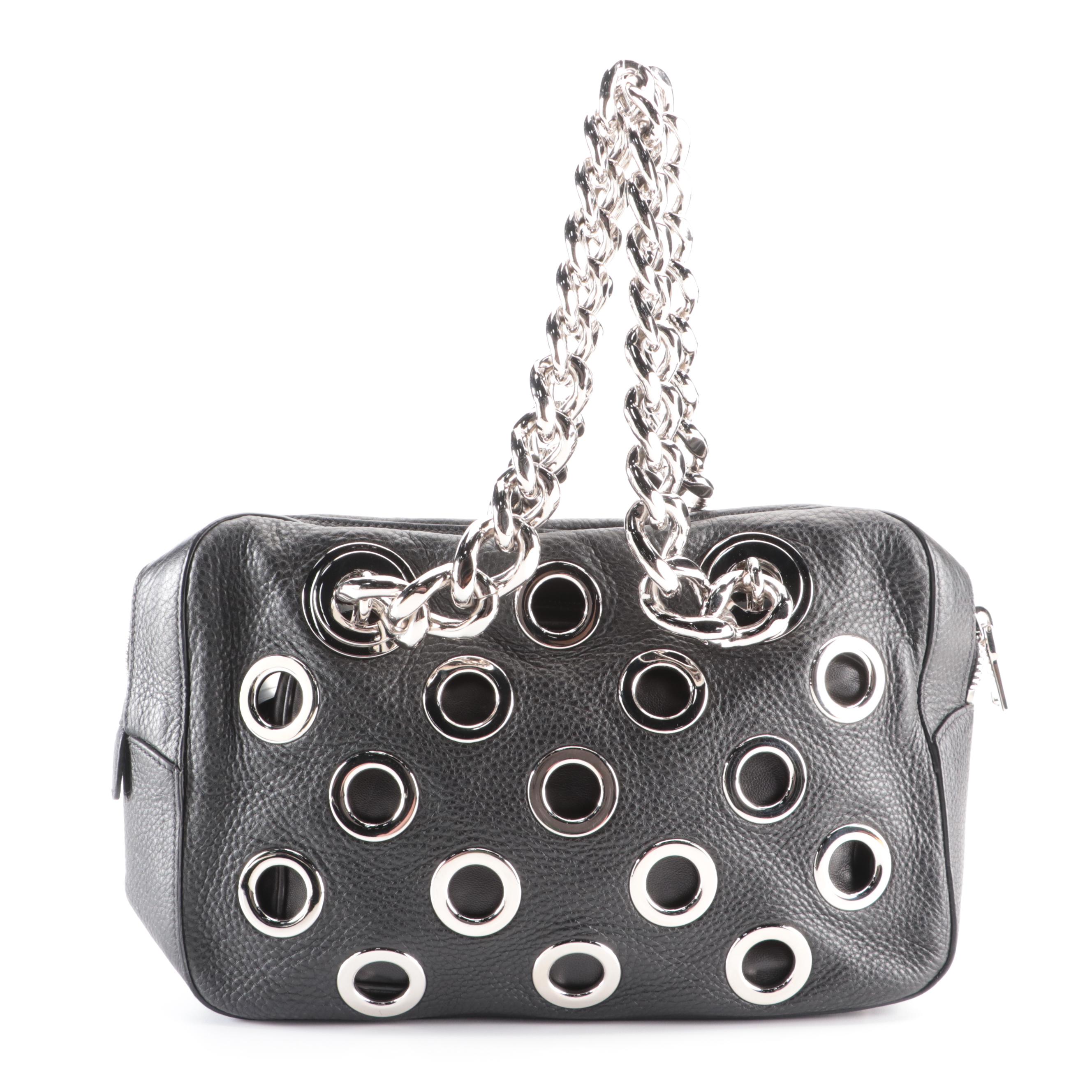 Prada Medium Grommet Chain Shoulder Bag in Black Deerskin with Zip Pouch