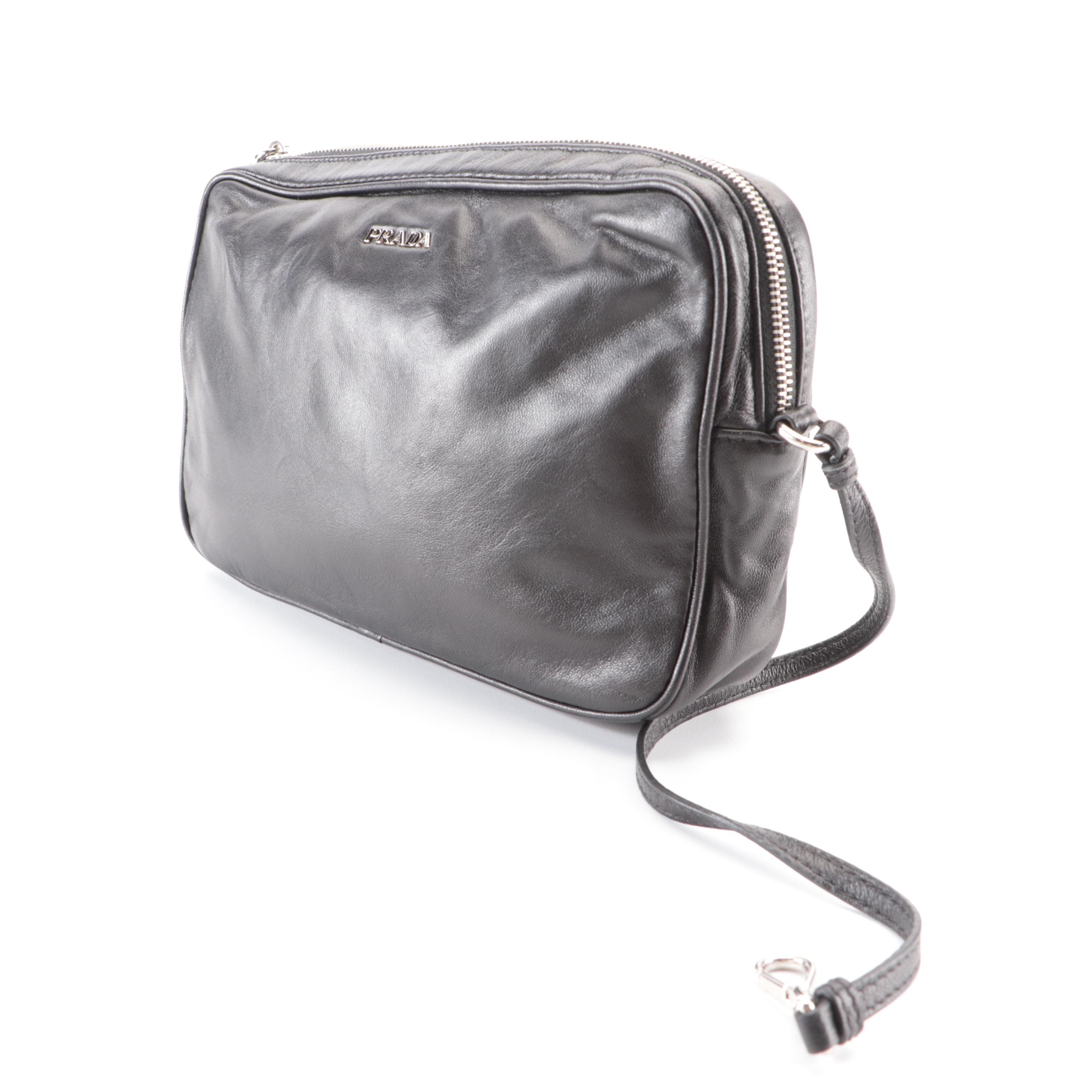 Prada Medium Grommet Chain Shoulder Bag in Black Deerskin with Zip Pouch