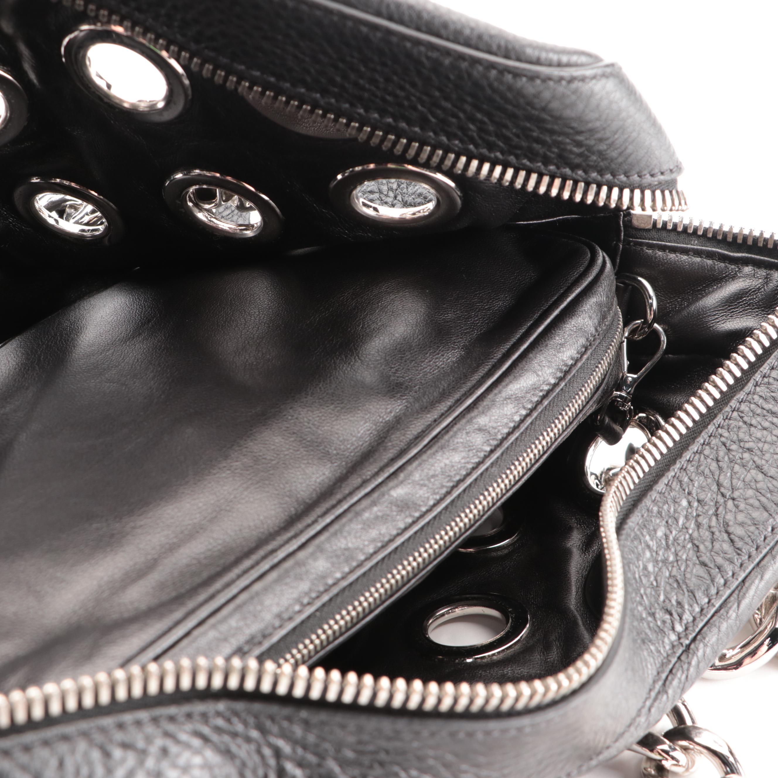 Prada Medium Grommet Chain Shoulder Bag in Black Deerskin with Zip Pouch