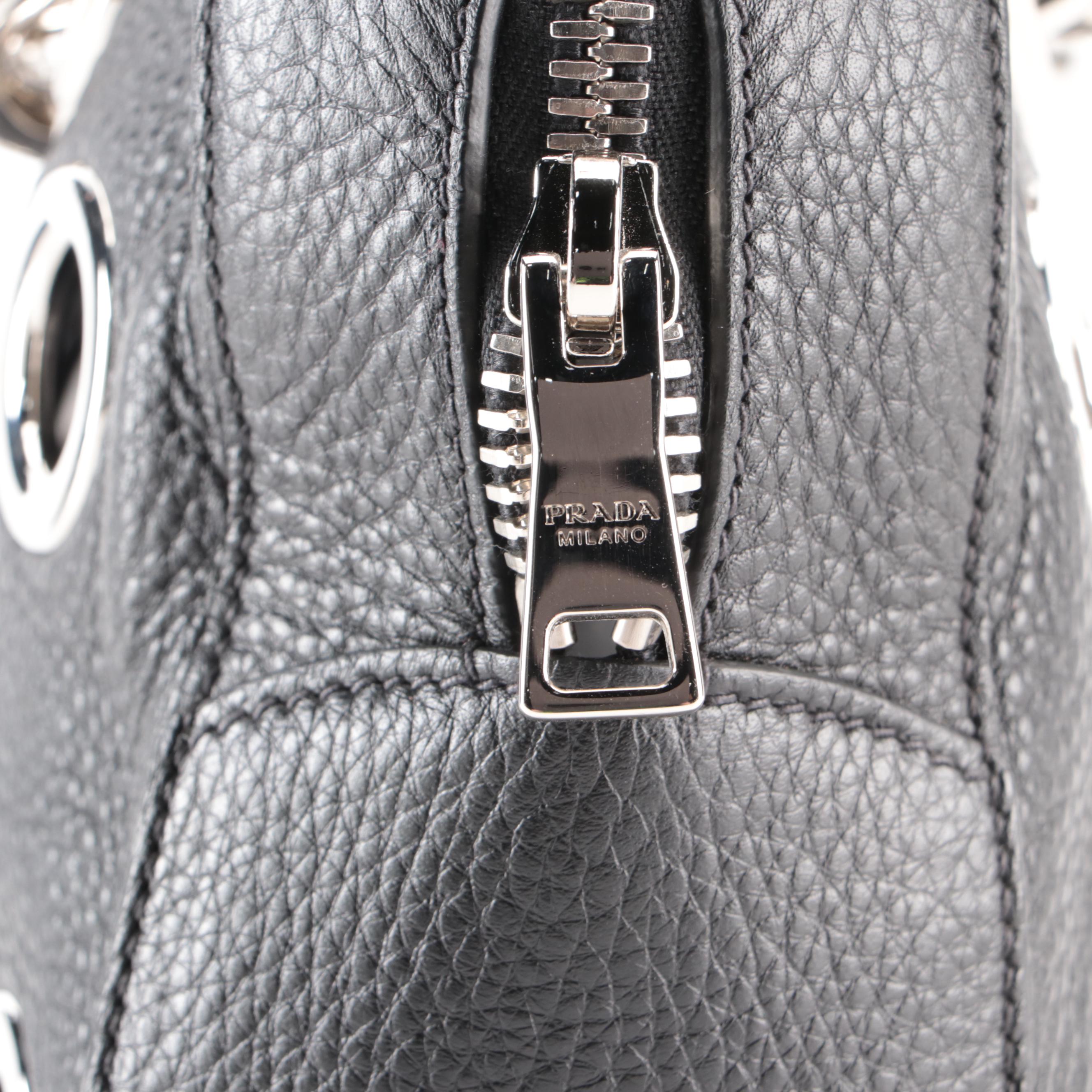 Prada Medium Grommet Chain Shoulder Bag in Black Deerskin with Zip Pouch
