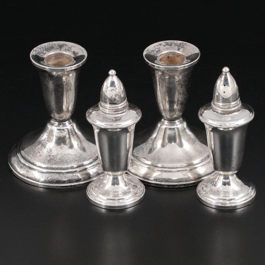 National Weighted Sterling Candle Holders and Crown Weighted Sterling Shakers