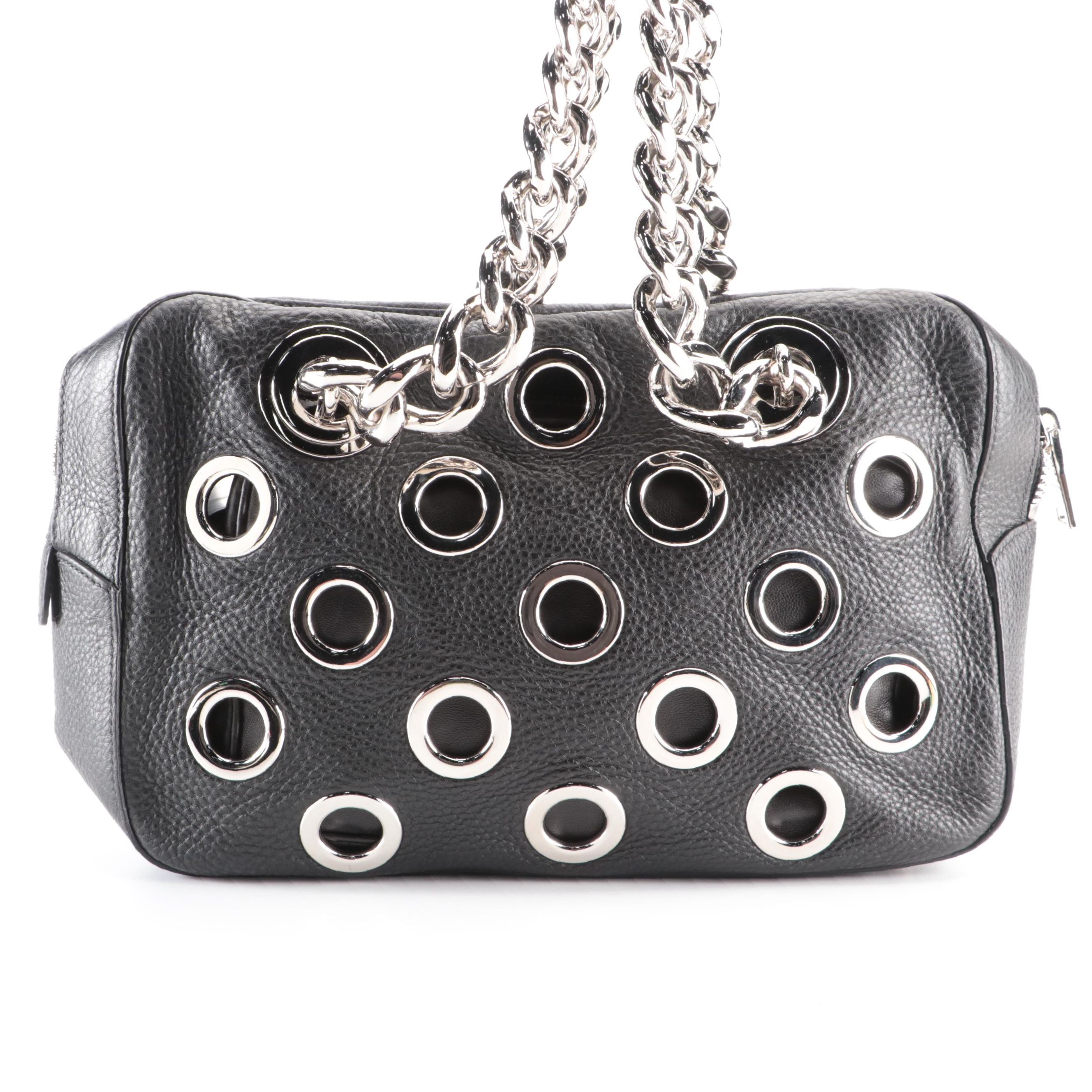 Prada Medium Grommet Chain Shoulder Bag in Black Deerskin with Zip Pouch
