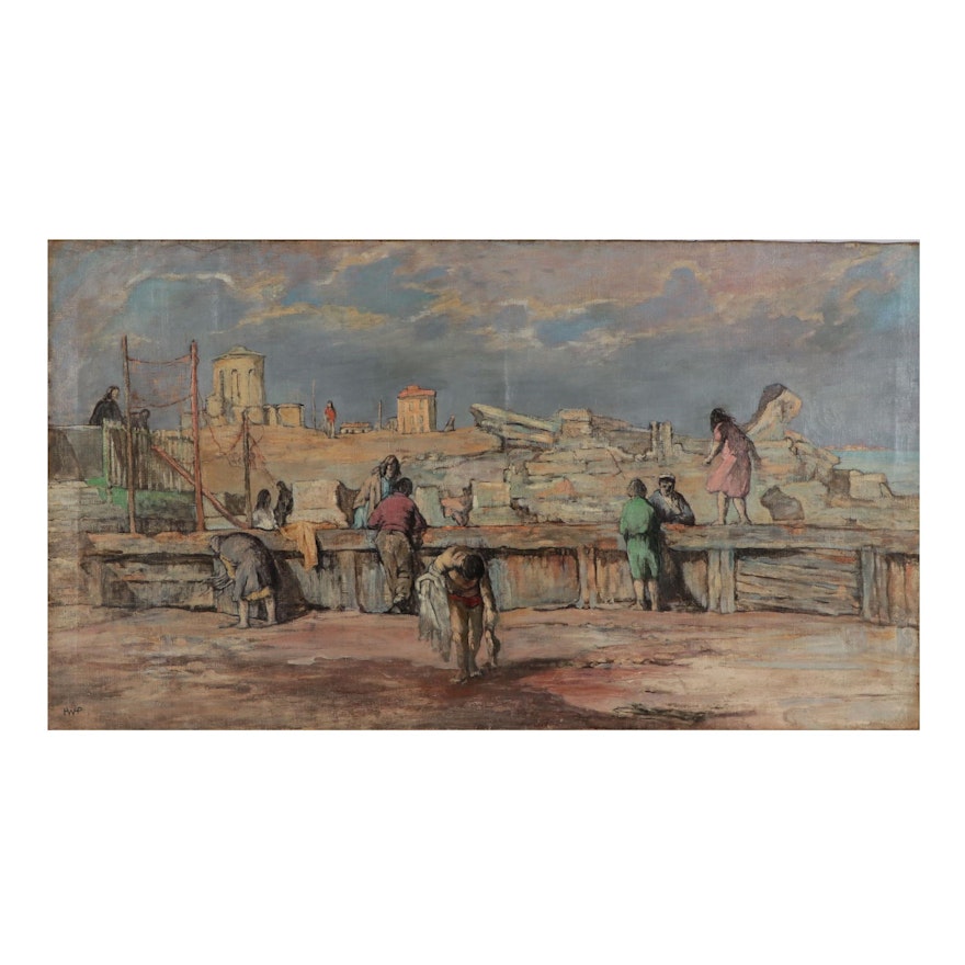 Coastal Genre Scene Oil Painting, Late 19th Century