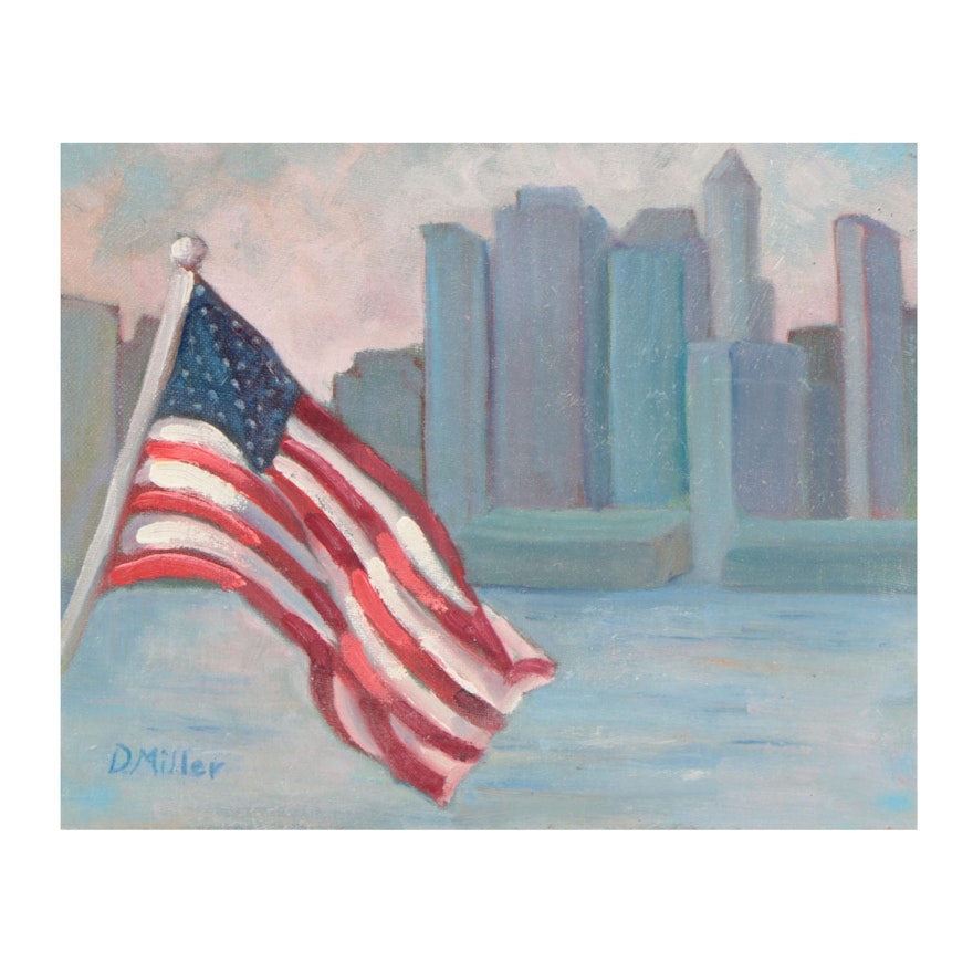 Deborah Miller Oil Painting of American Flag and Skyline, 21st Century