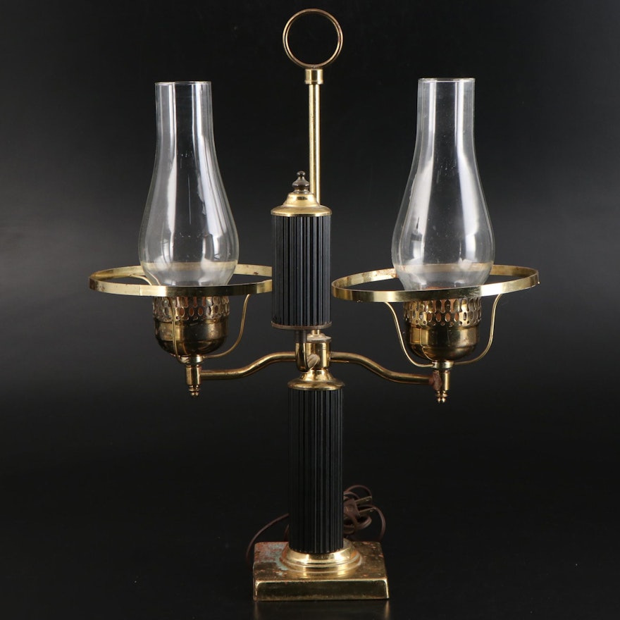 Brass Double-Arm Hurricane Student Lamp, Early to Mid-20th Century