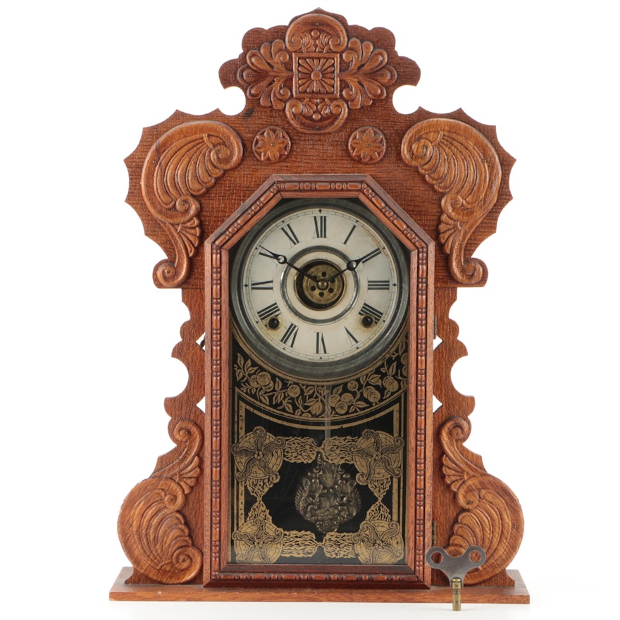 E. Ingraham Clock Co. "Atlanta" Pressed Oak Gingerbread Clock