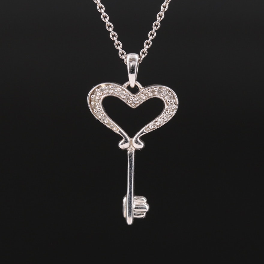 Sterling Diamond Heart Key Pendant Necklace