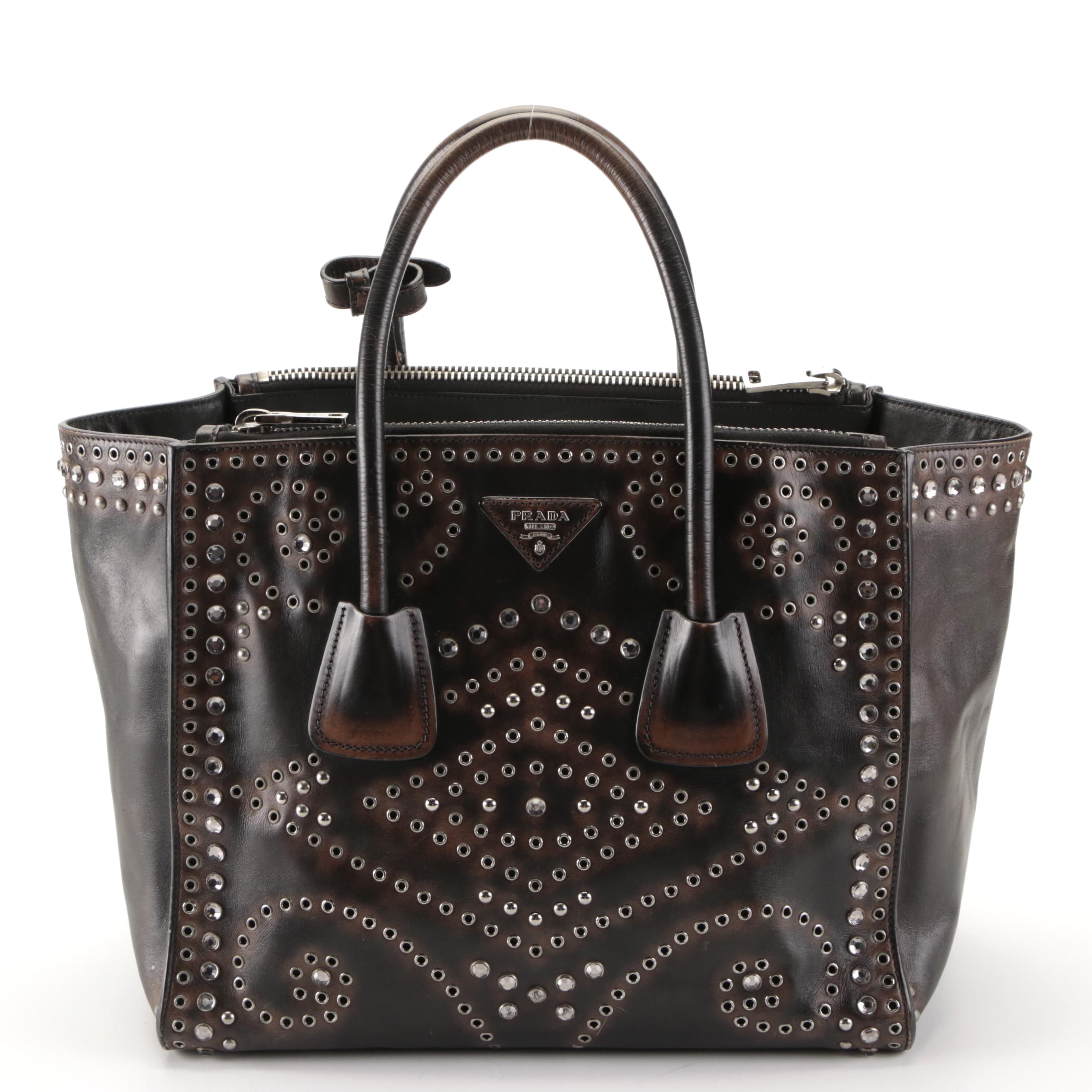 Prada Twin Pocket Tote in Grommet Embellished Leather