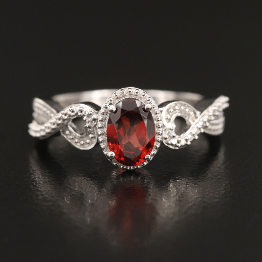 Sterling Garnet and Cubic Zirconia Ring with Crossover Shoulders