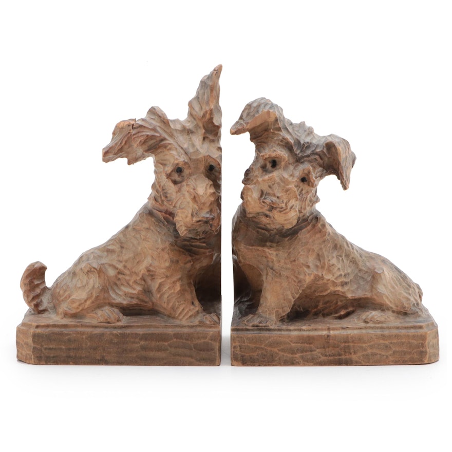 Hand-Carved Wooden Scottie Dog Bookends, Mid-20th Century
